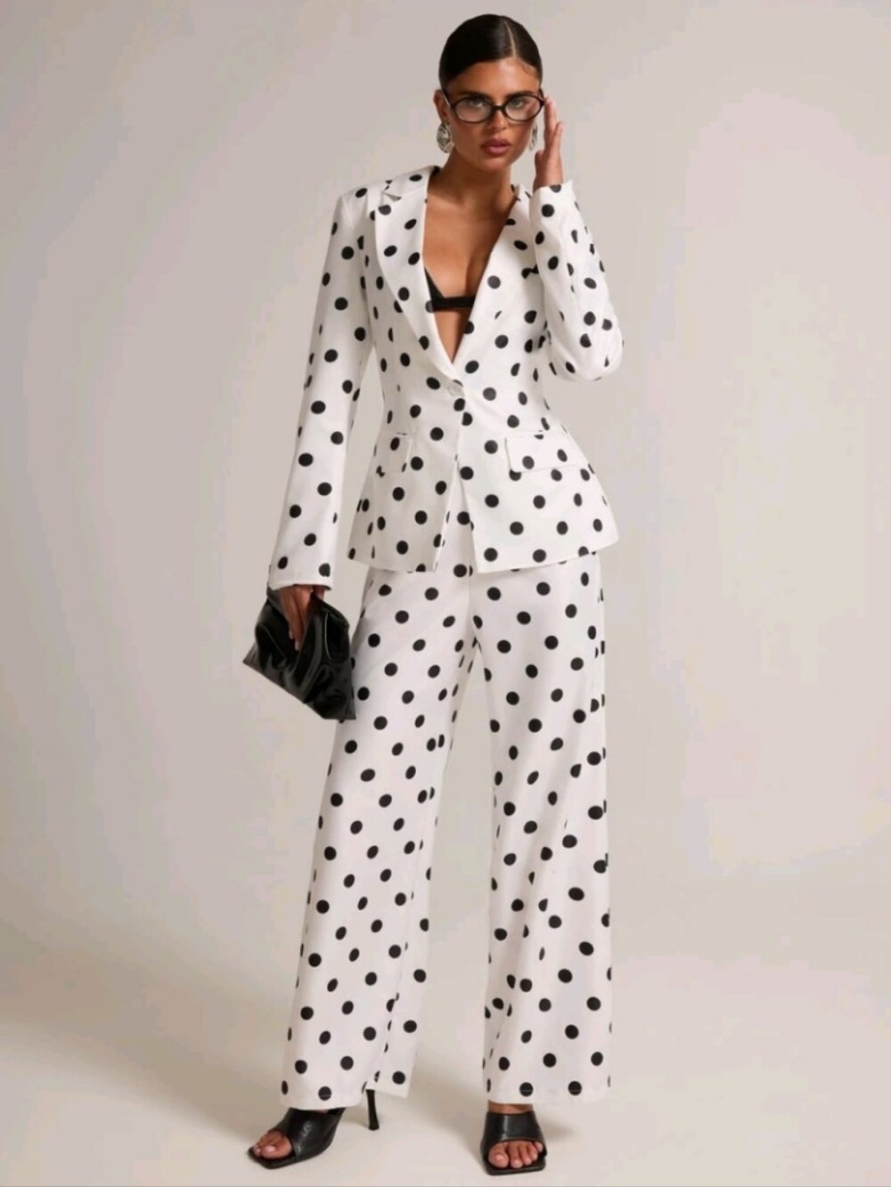 Polka Dot Print Blazer & Pants Set, Black White Dotted Two Piece Sets